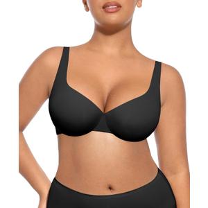 FeelinGirl Bras for Women Unlined No Padding Comfort Underwire Plus Size Full Coverage Seamless Plunge Everyday Bras (34DD, Black)
