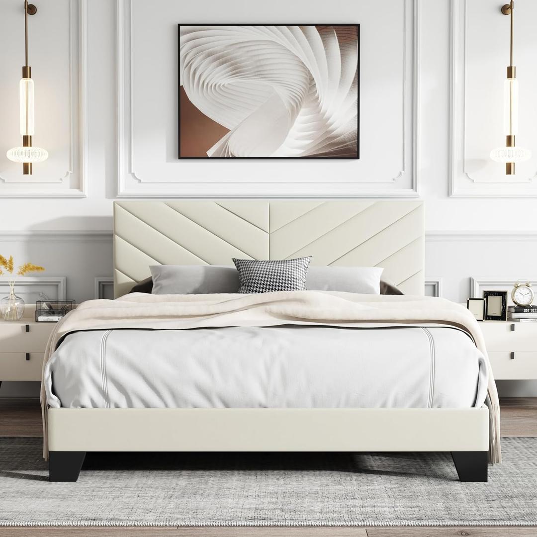 Queen Size Upholstered Platform Bed, Queen Bed Frame with Tufted Headboard, Sturdy Frame and Wooden Slats, Silent Operation, No Mattress Required, Easy Assembly, Beige
