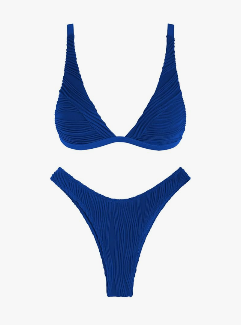 ZAFUL Bikini Sets for Women Triangle Textured Plunging High Cut Cheeky Bikini Swimsuits Two Piece Bathing Suits, Large
