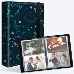 Small Photo Album 3.5x5 Photos with Strong Elastic Band, PU Leather Cover Mini 20-Page Album Holds 80 Photos Art Presentation Folder Postcards Pictures Book Storage Album, Space Dinosaur