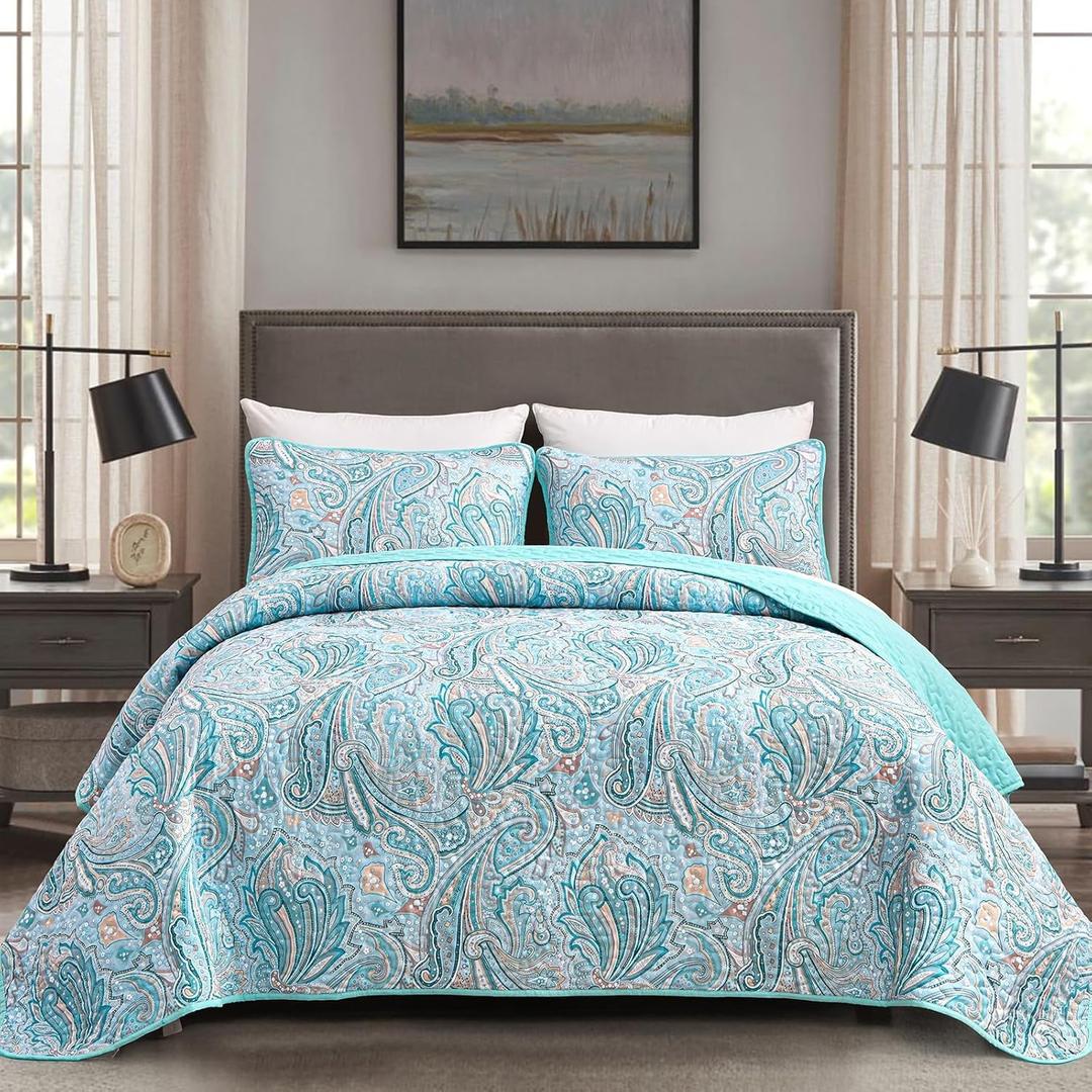 DJY Blue Paisley Quilt Set King Size Boho Bedspread Coverlet Set 3 Pieces, Soft Lightweight Microfiber Light Blue Paisley Floral Pattern Bedding for All Season, 110''x90''