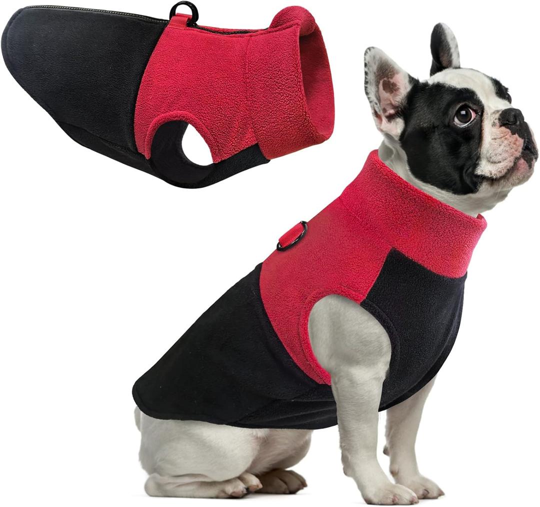 Idepet Dog Fleece Vest Sweater Zip Up Warm Pullover Dogs Jacket with D-Ring Leash Winter Cold Weater Coat Pet Sweatershirt Clothes Hoodie for Small Medium Dogs Boy Girl (Red/Black, XL)