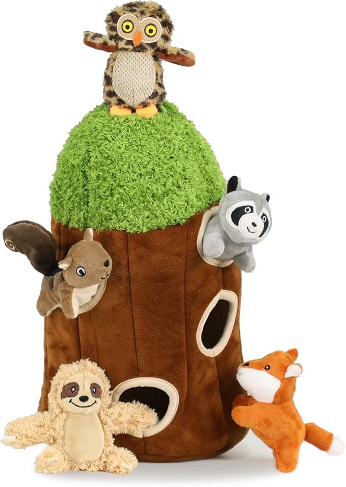 okegztoa Hide and Seek Dog Puzzle Puppy Toys, Interactive Squeaky Plush, Stuffed Toys for Dogs (Sheep, Panda, Forest Animals) (Tree Hole Mix Large)
