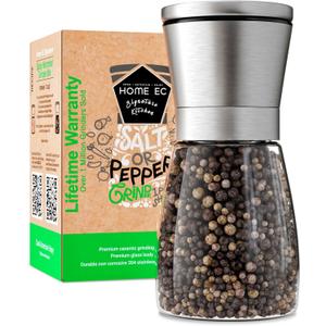 HOME EC Original Stainless Steel Salt or Pepper Grinder 1pk - Adjustable Ceramic Sea Salt Grinder or Pepper Mill - Tall Glass Spice Shaker - Spice Mill w/EBook