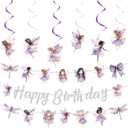 Fairy Theme Birthday Party Decorations - 1pcs Glittery Silver Fairies Happy Birthday Banner, 2pcs Purple Fairy Banner Bunting Garlands, 6pcs Fairies Themed Hanging Swirls (6 styles)