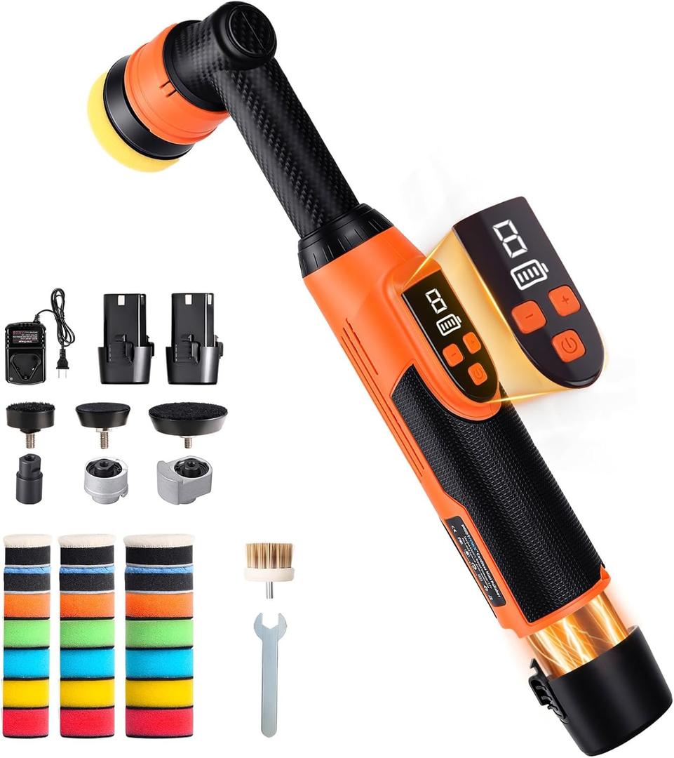Protmex Cordless Car Buffer Polisher with 8 Variable Speeds 20006000 RPM, LED Display, 22000mAh 21V Batteries, Car Buffers Polishers Kit for Auto Detailing, Scratch Remover and Paint Care - Long