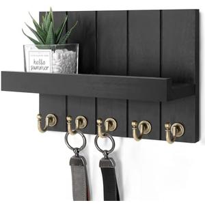 Rebee Vision Farmhouse Key Holder for Wall - Modern Key Racks for Wall Decor Living Room and Mail Organizer with Shelf for Apartment Essentials - Home Decor Aesthetic (Black, 3.54"D x 10"W x 7.28"H)