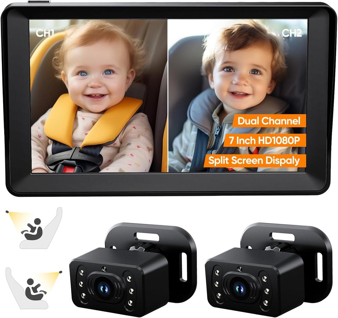 Baby Car Camera for 2 Kids - 7 Inch HD1080P Split Screen Baby Monitor with Dual Backseat Camera 150 Wide View & 360 Rotatable, Night Vision Easy Install, Rear-Facing Baby Car Mirror