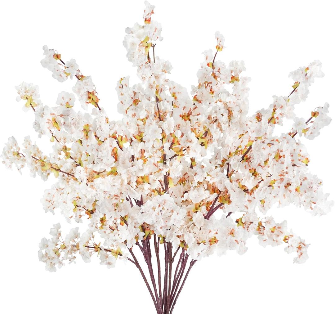 12 Pcs Artificial Cherry Blossom Flowers 40" Faux Silk Cherry Blossom Stems Fake Real Touch Peach Branches for Wedding Home Garden Japanese Decor Ivory White