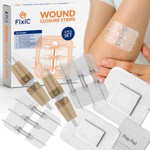 Fixic Butterfly Bandages - 2-Types Zip Wound Closure Strips - Ideal Wound Closure Kit - Sutures Free Butterfly Stitches Bandage - Stitches Kit with 4 Bandages, 4 Pads, and 4 Wipes Included!
