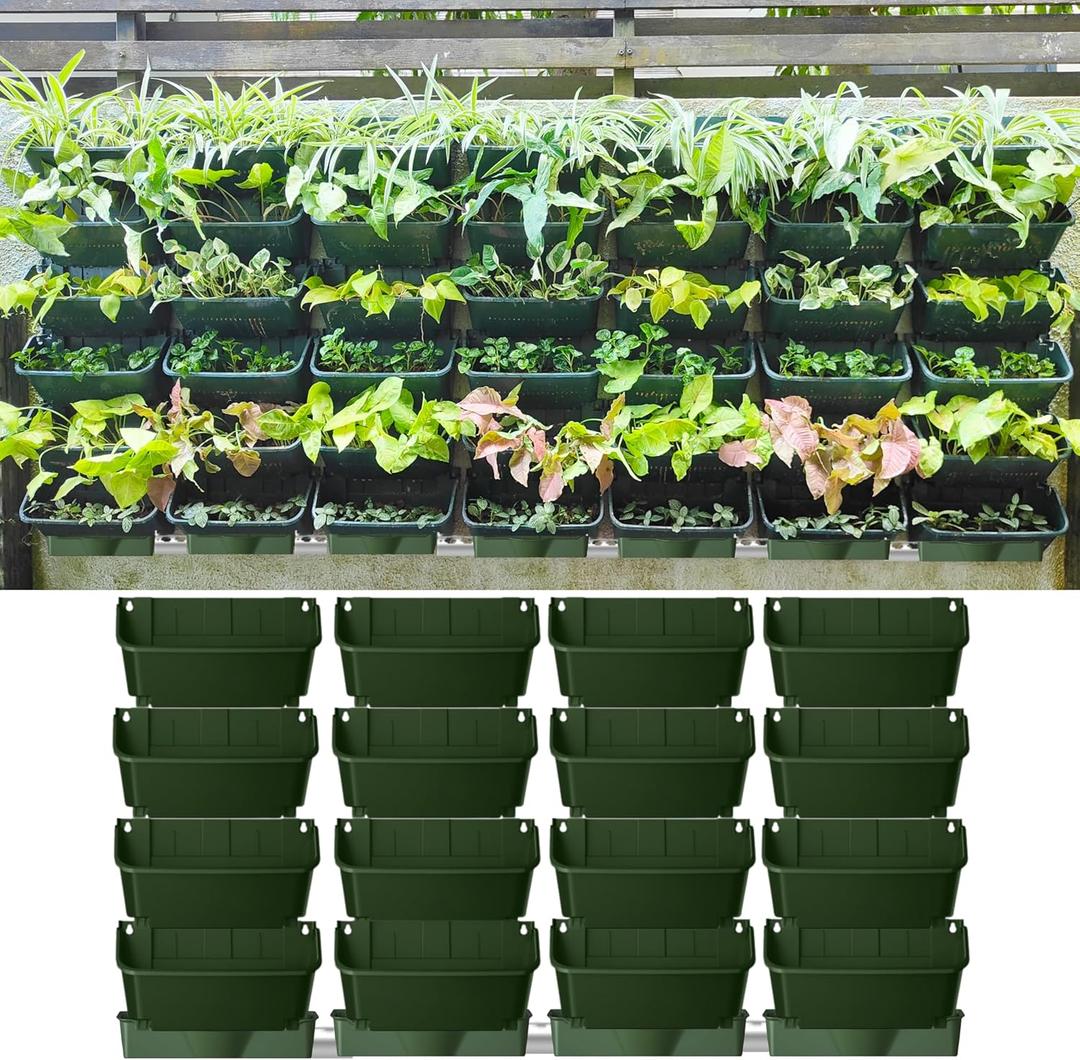 Maxona Vertical Wall Planter for Indoor Plant-Walls Mounted Pot with 4 Drainage Tray 16 Pack, 13 inch Dark Green for Indoors and Outdoor Decor, Plastic Pots Balcony Planters, Plants Hanging