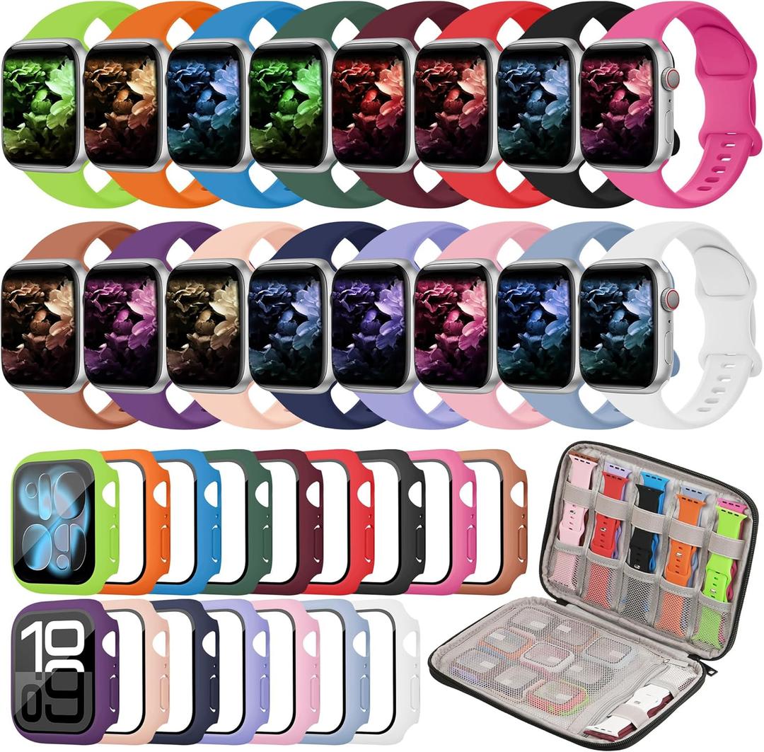 16+16 Pack Band and Case Compatible with Apple Watch Band 46mm 45mm 44mm 42mm 41mm 40mm for Women Men, Watch Band Organizer, Screen Protector Case for iWatch Series 11 10 9 8 7 6 5 4 SE
