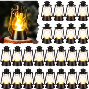 Ferraycle 24 Pcs Mini Lantern for Centerpiece Western Wedding Decor 4 Inch Camping Decorative with LED Candle Vintage Hanging Lantern Ornaments Bulk for Cowboy Cowgirl Xmas Party Decoration (Black)