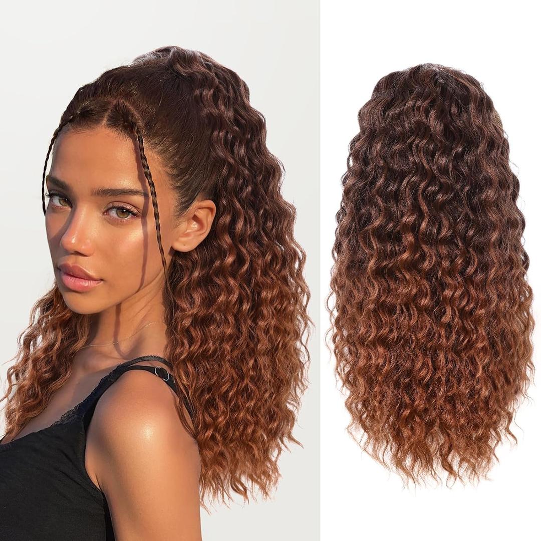 Ponytail Extension Fluffy Drawstring Ponytail Hair Extensions for Women Long Kinky Curly Wavy Pony Tail Yaki Synthetic Hairpieces 20 Inch Ombre Black to Auburn 1B/30,20 Inch, Ombre Black to Auburn
