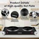 Cusimax Hot Plate for Cooking 1800W Portable Electric Double Burner Countertop Cooktop Cast Iron Stove Heating Plate with 7 Power Levels Adjustable Temp Control, Compatible for All Cookwares