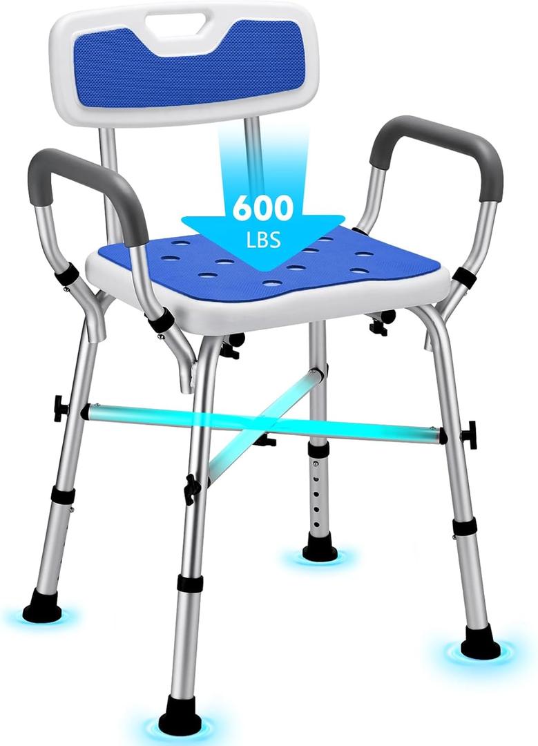 Shower Chair for Inside Shower, FSA/HSA Eligible 600 lbs Heavy Duty Shower Chair for Elderly and Disabled, Height Adjustable Shower Chair with Arms and Back, Bath Chairs for Seniors, Adults, Handicap, Blue