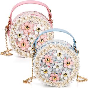 DEAYOU 2 Pack Little Girls Purse, Kids Purse Mini Crossbody Bag, Cute Princess Shoulder Handbag Girls Wallets with Chain for Teenagers, Gifts, Birthday, Party, Round, Pearl Flowers Style, Pink, Blue
