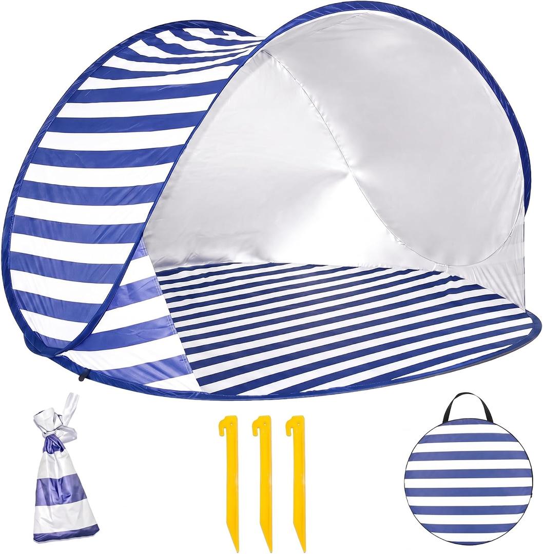2 Person Pop up Beach Tent Sun Shelter, 59"x59"x37.4", Blue & White