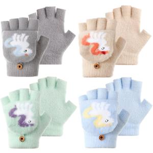 4 Pairs Kids Winter Touchscreen Gloves Warm Fleece Lined Child Knit Gloves Elastic Cuff Winter Texting for Girls Boys (Magnolia, Light Gray)