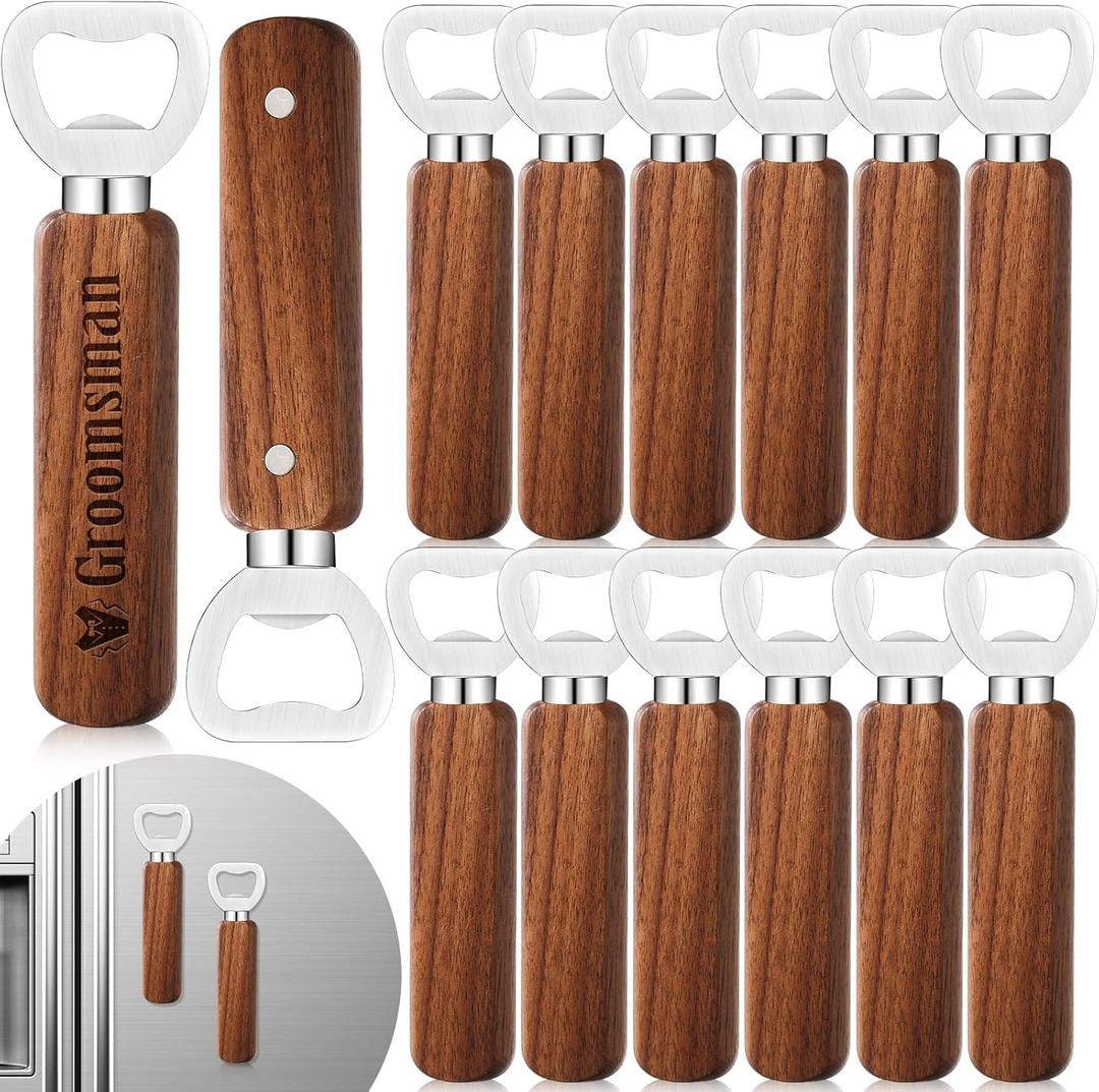 12 Pcs Walnut Wood Bottle Openers Groomsmen Gifts for Wedding Proposal Bachelor Party Favors Bartender Bottle Openers Magnetic Stainless Steel Handheld Engraved Gift for Bar Home Restaurant