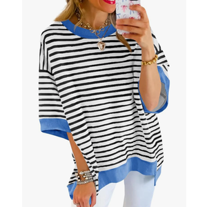Womens Oversized T Shirts Striped Color Block Cotton Tops Summer Casual Half Sleeve Loose Fit Crewneck Sweatshirts S