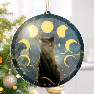 GEEMBI Christmas Black Cat Gifts for Women Men - Suncatcher Christmas Ornaments 2025 for Tree Decorations - Black Cat Ornament for Halloween, Witchy Mystical Gifts for Women, Moon Phase Gothic Decor (Navy - Lunar Cat)