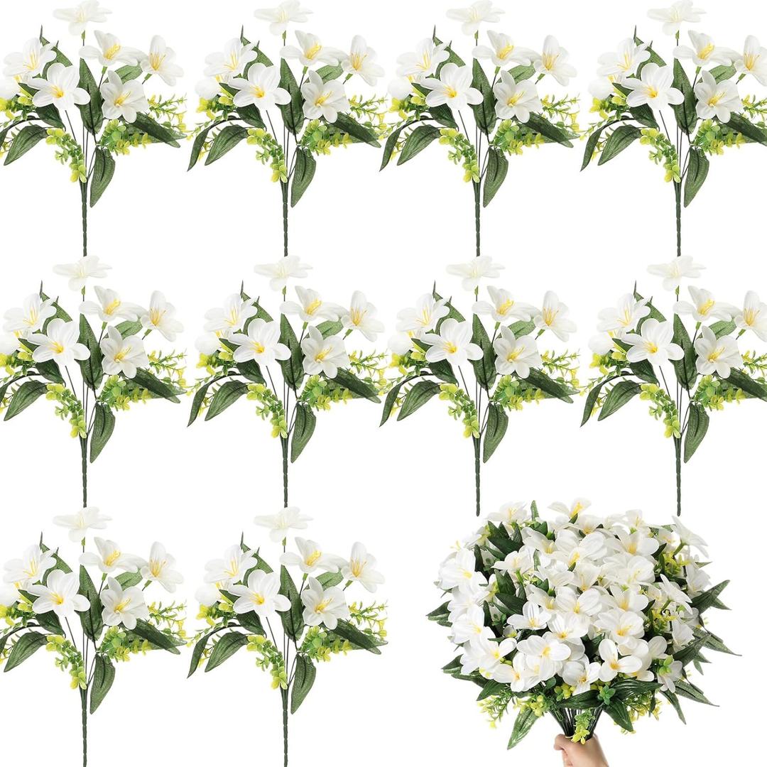 10 Bundles Artificial Flowers Bulk for Party Table Centerpiece Small Lilies with 7 Heads Silk Fabric Faux Fake Flower Bouquet for Mother's Day Wedding Home Indoor Vases(White)