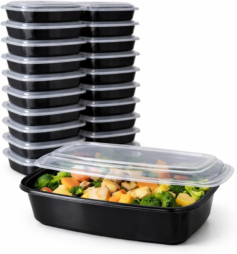 24 oz Meal Prep Containers with Lids, 50 Pack Black Round Food Storage Containers, BPA Free Plastic, Microwave Safe, Freezer Safe, Leak Resistant Takeout Containers