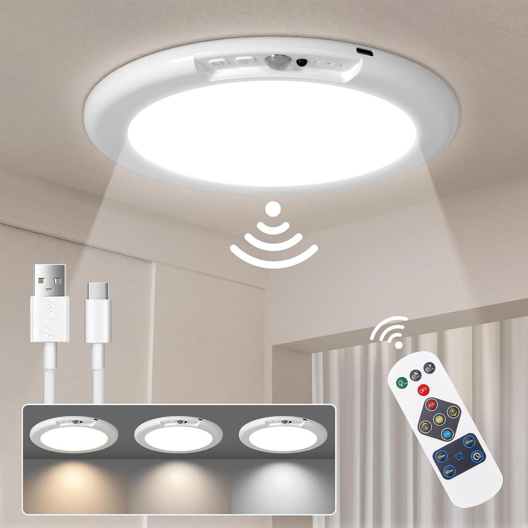 LINEWAY Rechargeable Motion Sensor Ceiling Light with Remote,Battery Operated LED Ceiling Lights 3 Colors Dimmer 7.5'' Wireless Closet Light Magnetic Motion Activated Shower Light for Shed Pantry (1 Pack, Multicolor)