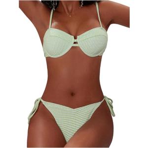 SweatyRocks Women's Two Piece Bikini Set Gingham Plaid Push Up Swimsuit String Cheeky Bathing Suit (X-Large, Lime Green)
