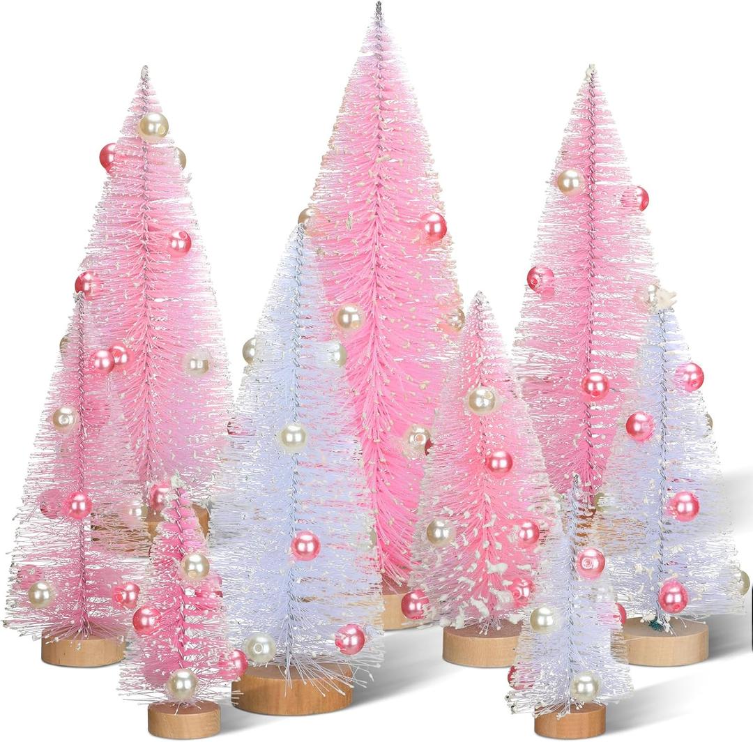 Leyndo 9 Pcs Pink Pearl Artificial Mini Christmas Tree Sisal Bottle Brush Trees with Wood Base Christmas Pine Trees for Autumn Winter Holiday Home Kitchen Party Decor