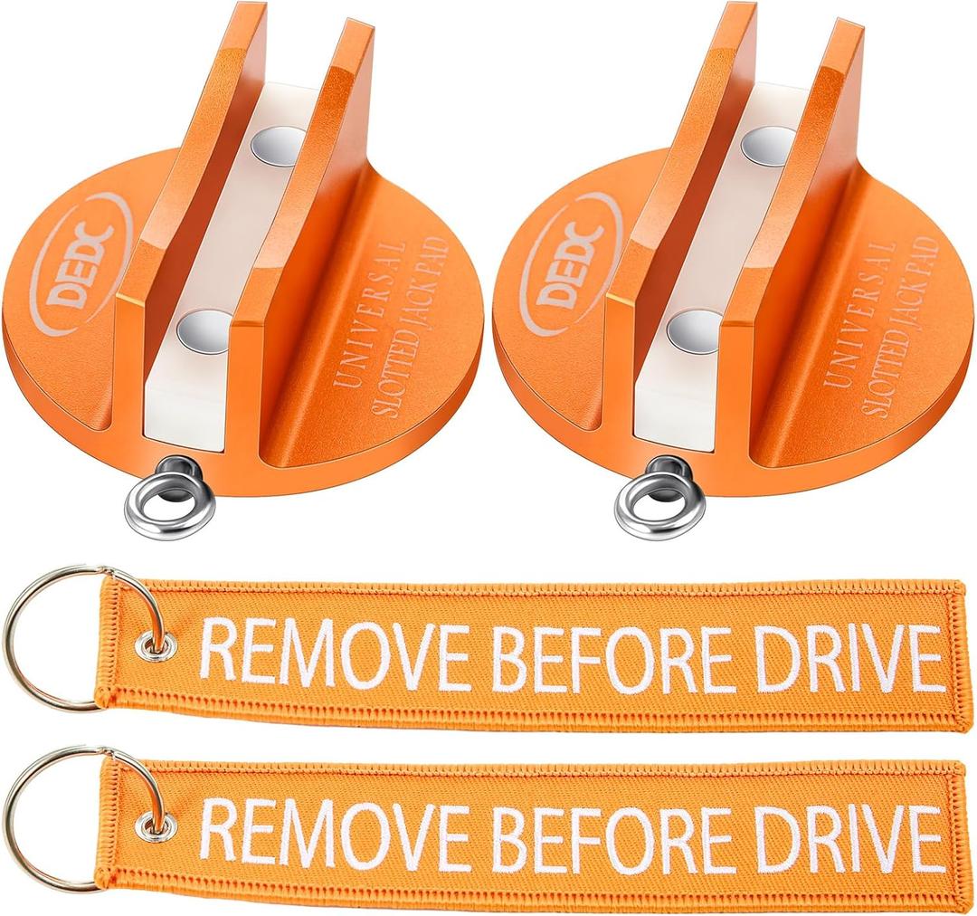 DEDC Universal Aluminum Grooved Magnetic Jack Pad 2 Pcs, Jacking Puck Pinch Weld Frame Rail Adapter with 2 Reminder Streamers, Oil Change Mush Haves, Mechanic Tools in Garage, Gifts for Mechanics (Orange)