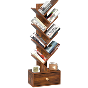8 Tier Tree Bookshelf with Drawer, Free Standing Wood Bookcase for Narrow Space, Storage Organizer Bookshelves for Books, Book Case for Home Office, Living Room, Bedroom, Rustic Brown