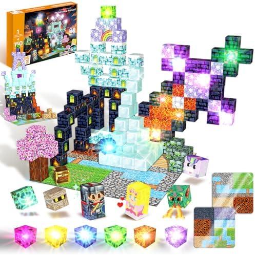 SZKLOL 150 PCS Light Up Magnetic Building Blocks for Kids, STEM Educational Building Toys with Metal Baseplate for Ages 3-8, Princess & Castle Magnetic Stacking Cubes (150 pcs, 15 Flashing Cubes)