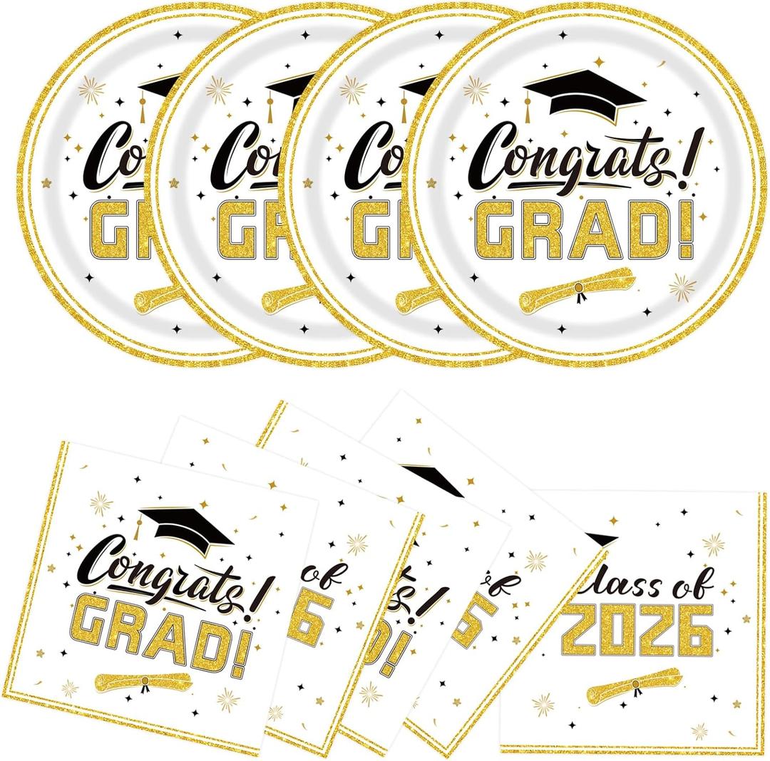 40Pcs Graduation Plates and Napkins Party Supplies, Disposable Class of 2026 White Gold Paper Plates Napkins Tableware Set for Congrats Grad Party Decorations