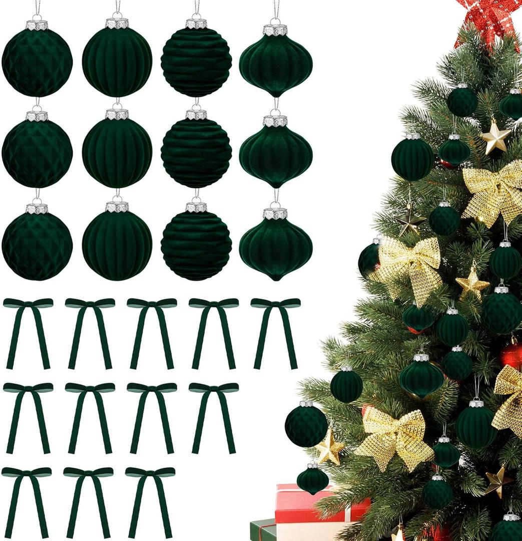 24 Pcs Velvet Christmas Balls Ornaments,Green Christmas Ornaments Include 12Pcs 3.15Inch Xmas Balls 12 Vintage Ribbon Bows,Green Ornaments for Christmas Tree and Indoor Holiday Decor