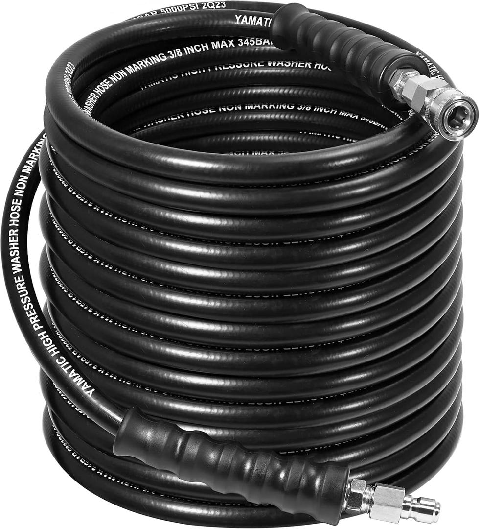 YAMATIC 5000PSI 3/8" Pressure Washer Hose 100FT with Stainless Steel Quick Connector, Rubber Power Washer Replacement Hose, Steel Wire Braided, Compatible with Simpson, Craftsman, Champion