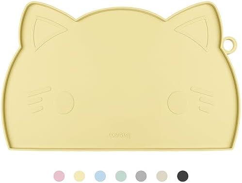 Coomazy Cat Food Mat, Thicker Dog Feeding Mat for Food and Water, Waterproof Non-Slip Silicone Mat for Floor, Dog Food Mat with Raised Edge to Prevent Food Spills and Water Runoff (Yellow, Medium)