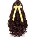 Wiggy Mermaid Prestyled Brown Curly Wig for Women + Yellow Ribbon + Detachable Bun, 60cm Long Brown Wavy Hair Wig with Wig Cap for Halloween Costume Cosplay