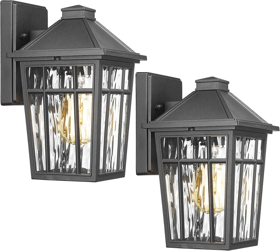 Darkaway Outdoor Wall Lights for House, 2pcs Exterior Lighting Fixtures Wall Mount Porch Lights Waterproof Outdoor Sconce Lights with Water Ripple Glass for Patio Hallway Garage (11inch-2pack, Black)