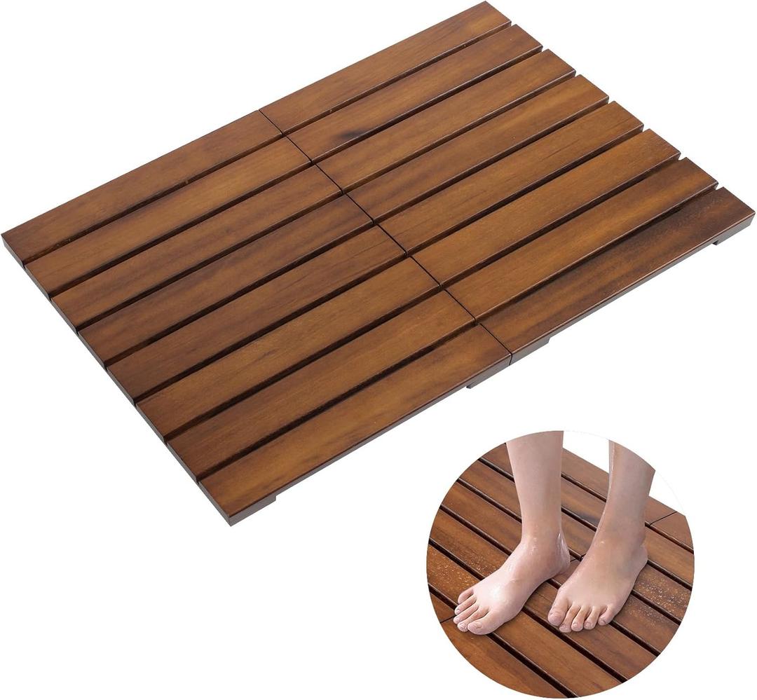 Premium Teak Shower Mat, 23.2" x 16.2" Foldable Wood Bath Mat, Non-Slip Bathroom Mat, Floor Mat for Bathtub, Door, Spa, Sauna, Pool, Ideal for Indoor Outdoor