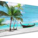 Beach Picture Canvas Prints Coconut Tree Ocean Wall Art Home Decor Natural Seascape Paintings for Living Room Bathroom Bedroom Office Kitchen Decorations Wooden Framed Landscape Artwork 28x57 inchs