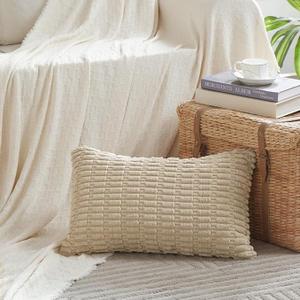 Fancy Homi Tan Lumbar Decorative Throw Pillow Covers 12x24 Inch for Living Room Couch Bed Sofa, Rustic Farmhouse Boho Home Decor, Soft Striped Corduroy Rectangle Cushion Case 30x60 cm