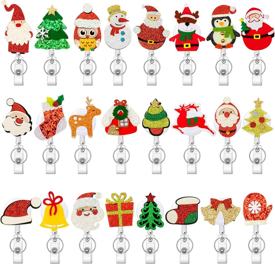 Honoson 24 Pcs Christmas Badge Reel Retractable Holiday Felt Name Badge Holder with Clip Santa Claus Snowman Penguin Elk Gingerbread Man Xmas Tree Holder ID Reels for Teacher Nurse Doctor(Classics)