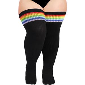 Moon Wood Plus Size Thigh High Socks for Thick Thighs- Womens Knit Cotton Extra Long Over the Knee High Socks Leg Warmer (Black & Rainbow)