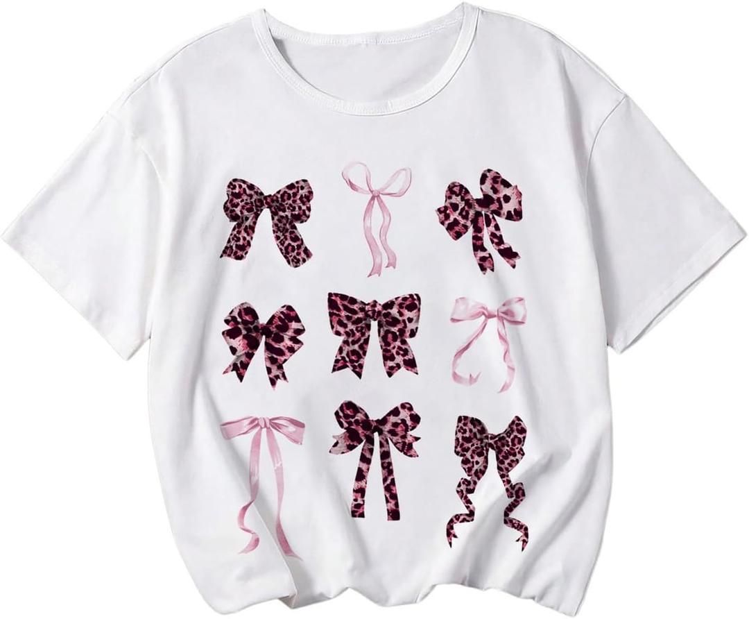 Girl's Bow Graphic Tees Crew Neck Short Sleeve Summer T Shirts Preppy Cute Clothes for Girls (White)