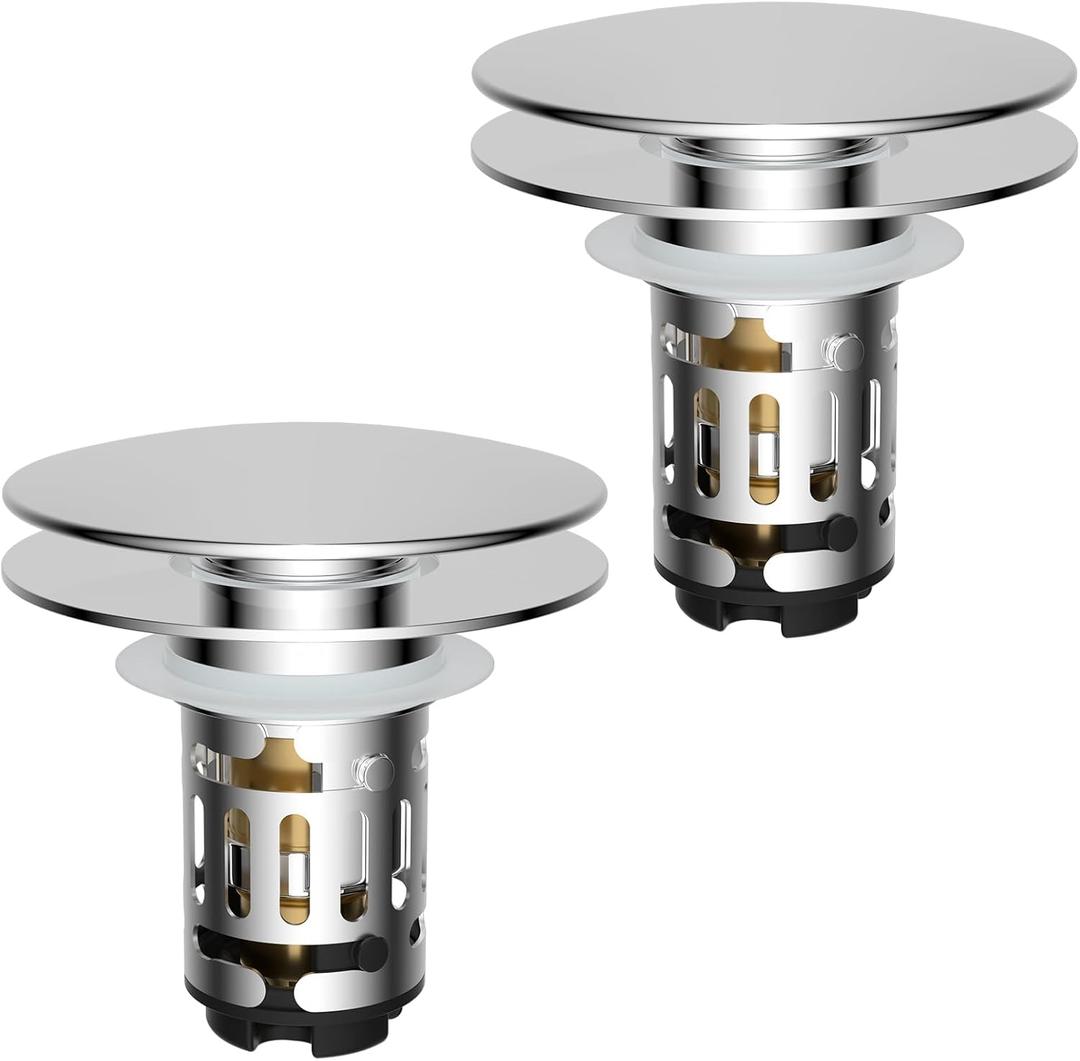 Hibbent 2 Pack Upgraded 3 in 1 Bathroom Sink Drain Strainer, Pop Up Sink Stopper with Big Push Cap, Anti-Clogging Metal Filter Basket, Sink Plug with Hair Catcher for 1.1''~2.36'' Basin, Chrome