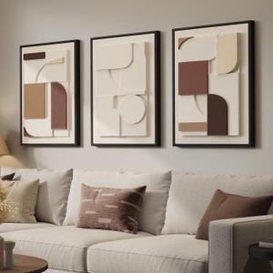 3D Textured Framed Neutral Wall Art, Brown Tan Beige Geometric Texture Artwork for Walls, 3 Piece Minimalist Modern Sandstone Art Painting for Living Room Hallway Office Kitchen Wall Decor, 16x24 Inch