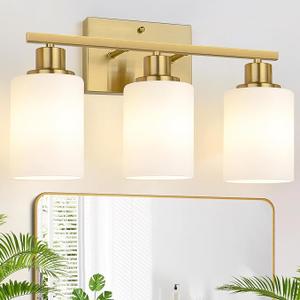 Meybiok 3Light Bathroom Light Fixtures, Brushed Gold Vanity Light, Bathroom Vanity Light with Milky White Frosted Glass Shades, Bathroom Light for Mirror, Bedroom, Hallway, or Living Room