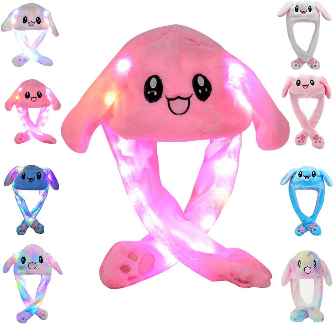 umbresen Bunny Hat Ear Moving Jumping Rabbit Hat Funny Plush Cap for Kids (Led Pink)